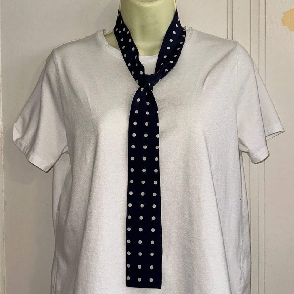 Vintage‎ dark navy blue thin, long polyester scarf with white polka dots